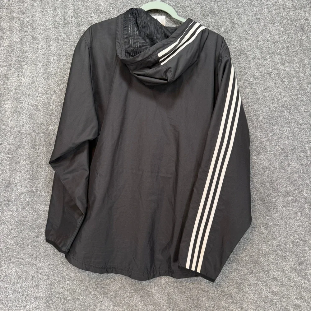Vintage Adidas Windbreaker Jacket Mens Medium Black 3-Stripe Hooded Full Zip Y2K